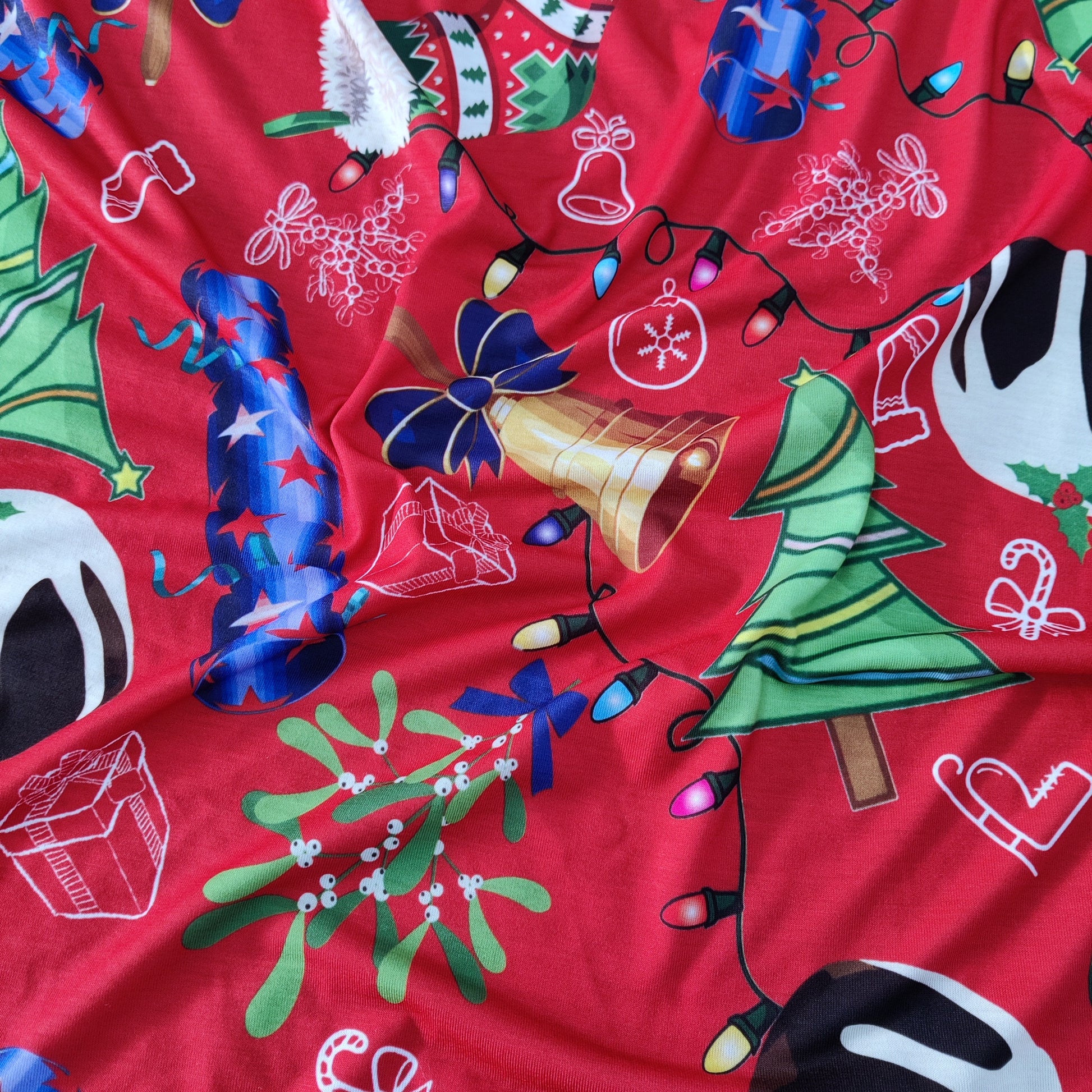 FS778 Christmas Pudding Spun Polyester Jersey Knit Stretch Fabric Red | Fabric | bauble, Baubles, Black, Candy Cane, Candy Stick, Christmas, christmas tree, Fabric, Gingerbread, Santa, Spun Polyester, Spun Polyester Elastane, Star, xmas | Fabric Styles