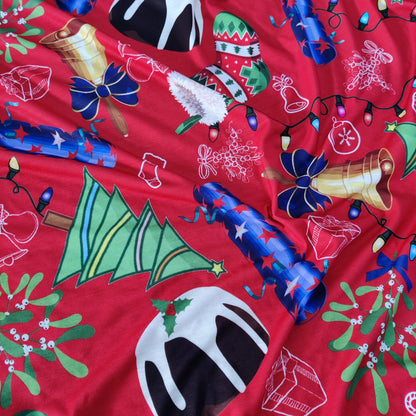 FS778 Christmas Pudding Spun Polyester Jersey Knit Stretch Fabric Red | Fabric | bauble, Baubles, Black, Candy Cane, Candy Stick, Christmas, christmas tree, Fabric, Gingerbread, Santa, Spun Polyester, Spun Polyester Elastane, Star, xmas | Fabric Styles