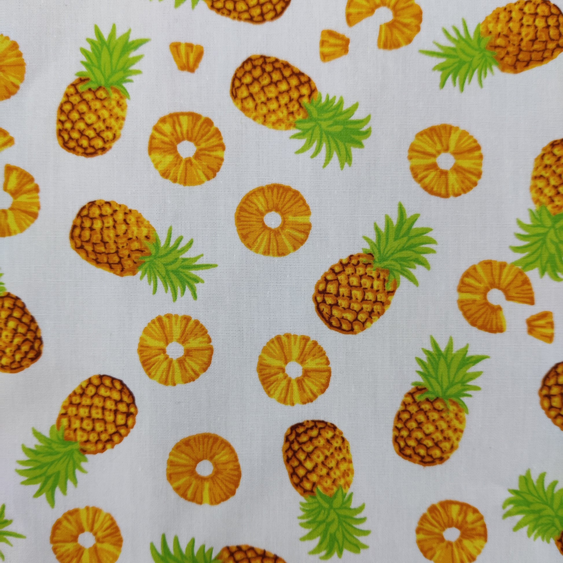 FS739 Pineapple Novelty | Fabric | Children, Colourful, Cotton Poplin, Croissant, drape, Fabric, fashion fabric, Fruit, Fruits, Kids, making, Pineapple, Pineapples, Sale, sewing, Skirt, White | Fabric Styles