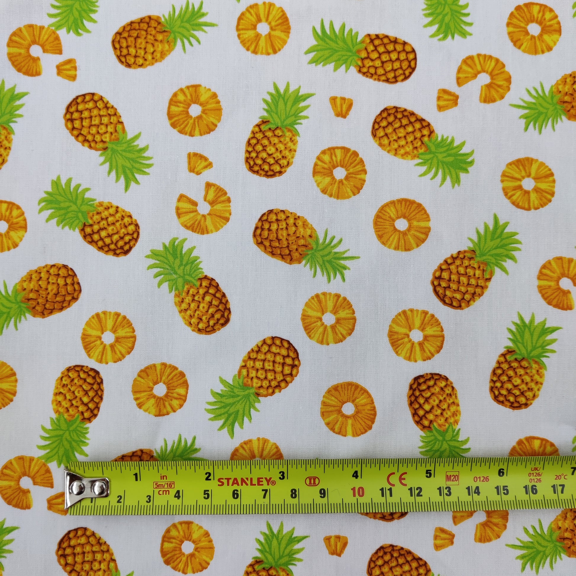 FS739 Pineapple Novelty | Fabric | Children, Colourful, Cotton Poplin, Croissant, drape, Fabric, fashion fabric, Fruit, Fruits, Kids, making, Pineapple, Pineapples, Sale, sewing, Skirt, White | Fabric Styles