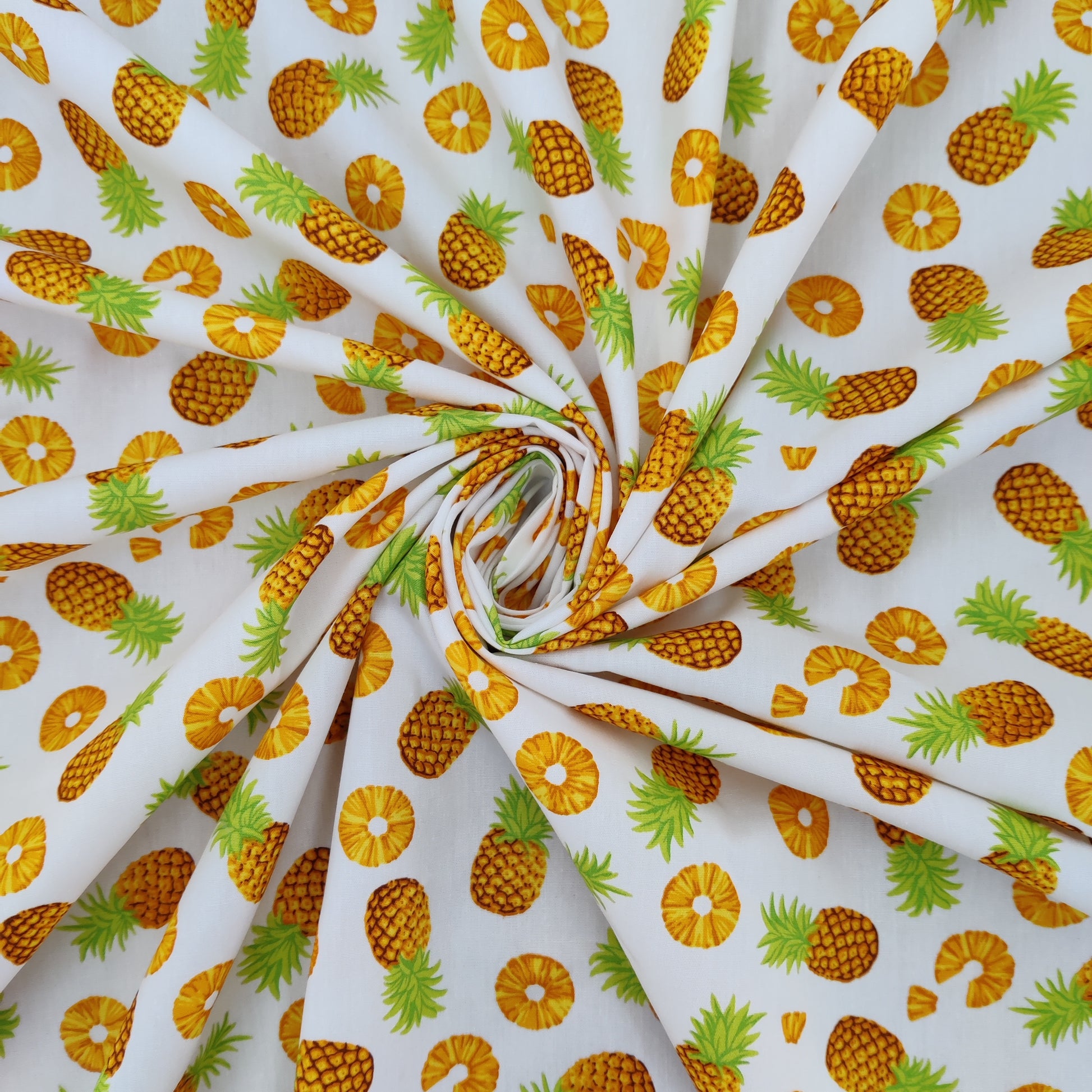 FS739 Pineapple Novelty | Fabric | Children, Colourful, Cotton Poplin, Croissant, drape, Fabric, fashion fabric, Fruit, Fruits, Kids, making, Pineapple, Pineapples, Sale, sewing, Skirt, White | Fabric Styles