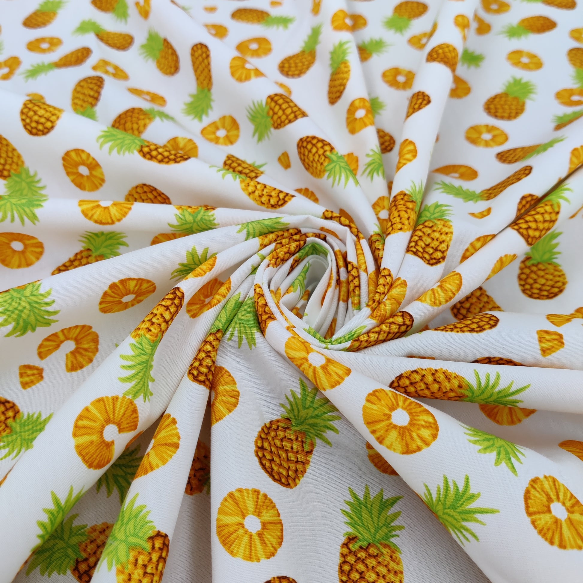 FS739 Pineapple Novelty | Fabric | Children, Colourful, Cotton Poplin, Croissant, drape, Fabric, fashion fabric, Fruit, Fruits, Kids, making, Pineapple, Pineapples, Sale, sewing, Skirt, White | Fabric Styles