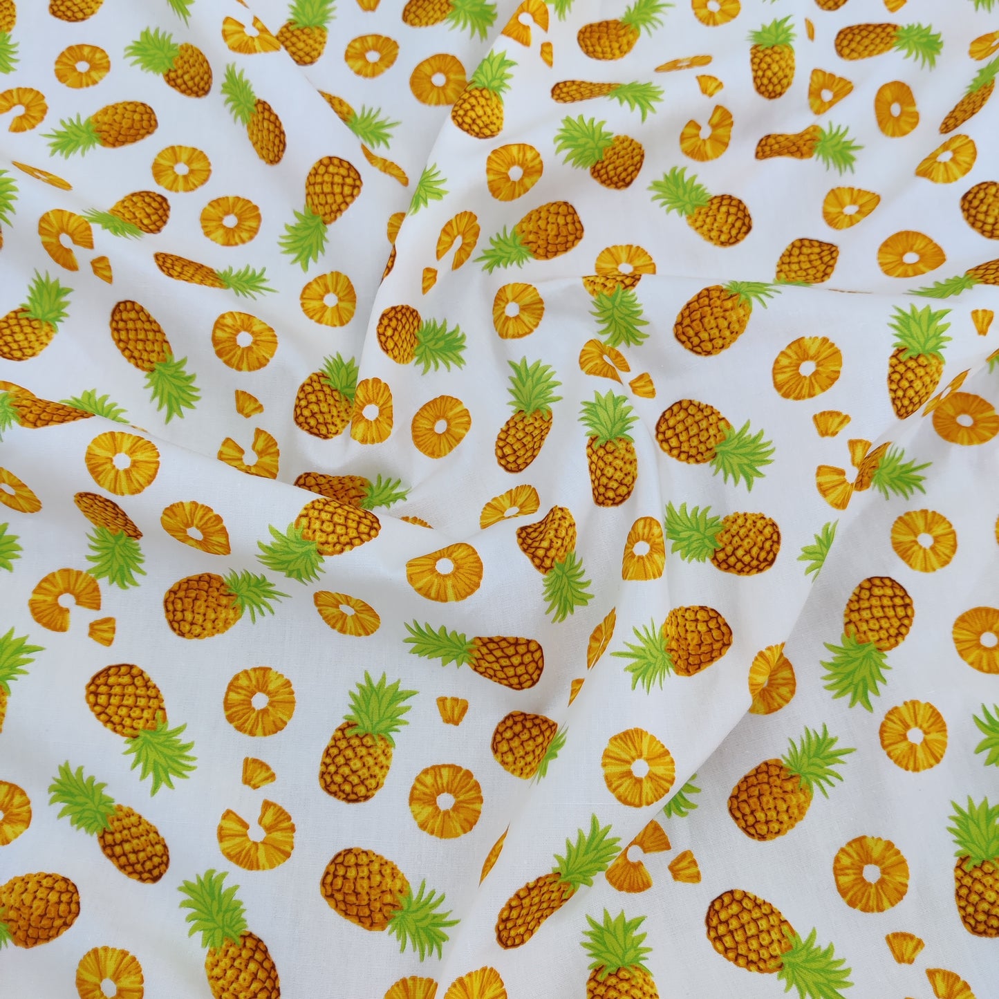 FS739 Pineapple Novelty | Fabric | Children, Colourful, Cotton Poplin, Croissant, drape, Fabric, fashion fabric, Fruit, Fruits, Kids, making, Pineapple, Pineapples, Sale, sewing, Skirt, White | Fabric Styles