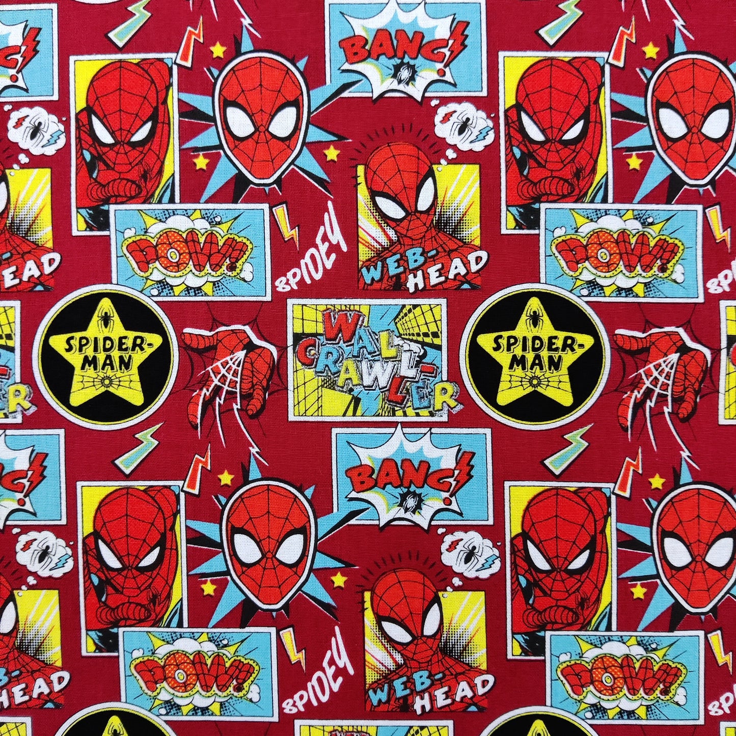 FS756_1 Spider-Man Red | Fabric | Black, Black Widow, Blue, Brand, Branded, Children, comic, comics, Cotton, Fabric, fashion fabric, Flash, hero, Kids, Light blue, logo, making, man, Marvel Comics, Spider, Spider Man, Spiderman, super, superhero | Fabric Styles