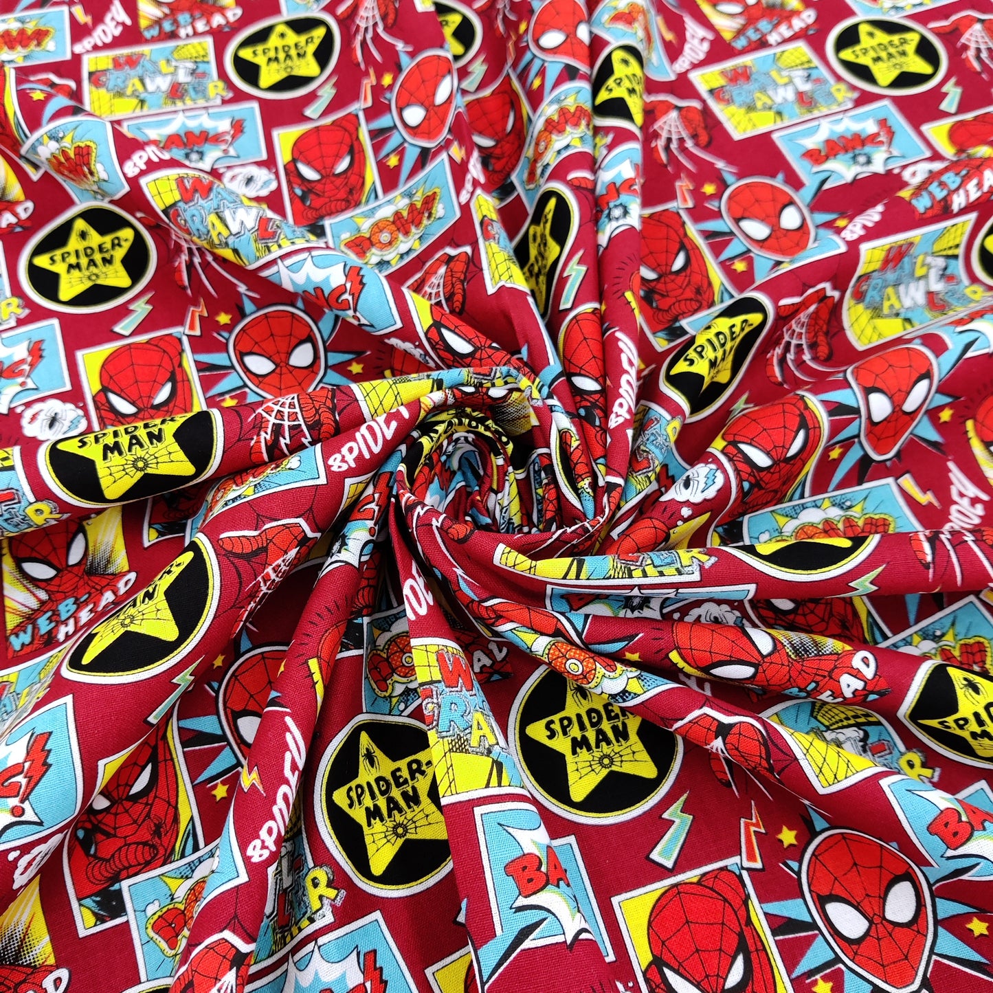 FS756_1 Spider-Man Red | Fabric | Black, Black Widow, Blue, Brand, Branded, Children, comic, comics, Cotton, Fabric, fashion fabric, Flash, hero, Kids, Light blue, logo, making, man, Marvel Comics, Spider, Spider Man, Spiderman, super, superhero | Fabric Styles