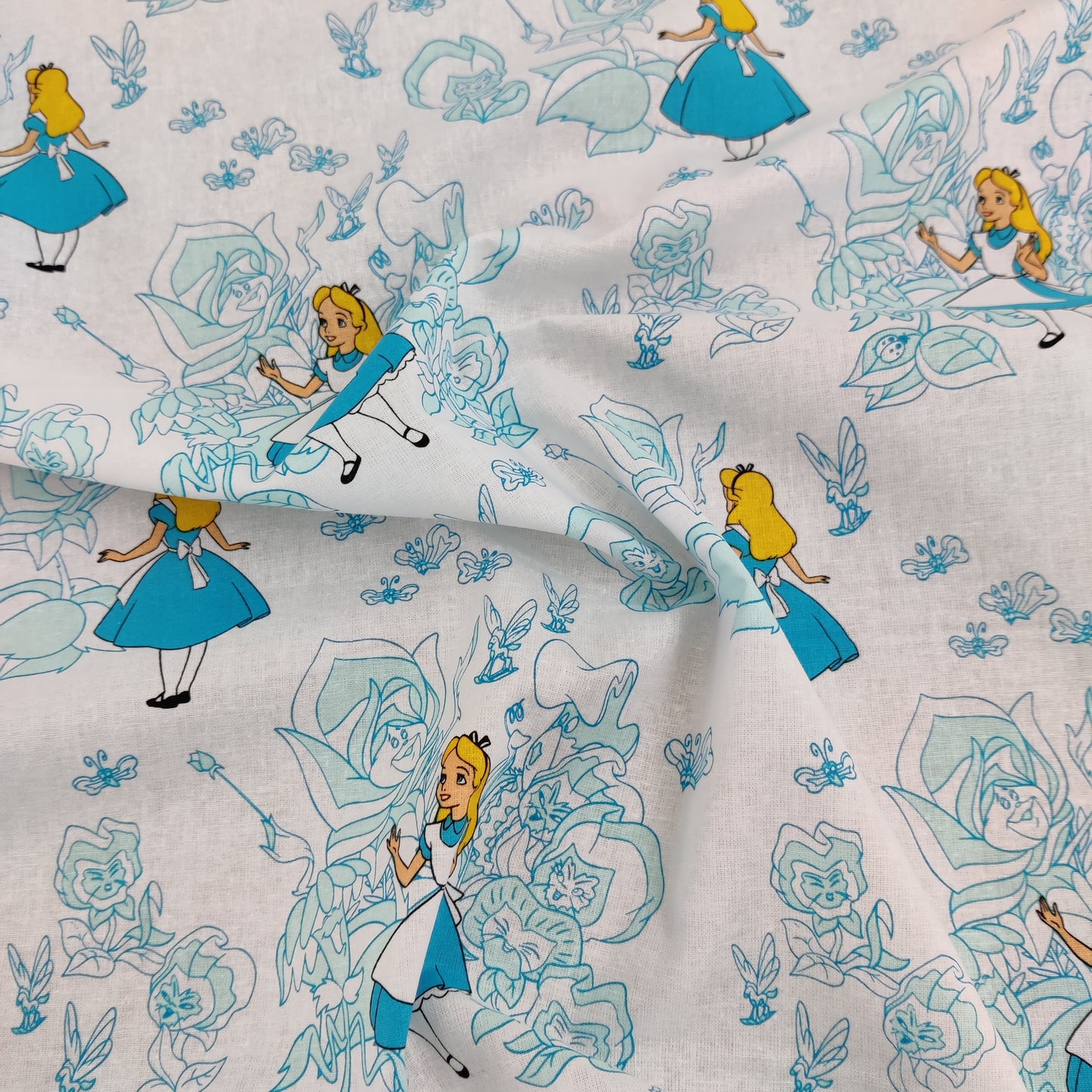 FS757_1 Alice in Wonderland | Fabric | Alice, Alice in Wonderland, blue, Brand, Branded, Children, Cotton, Denim, Disney, drape, Fabric, fashion fabric, Kids, Light blue, Limited, making, Pink, Sale, sewing, Skirt, wonderland | Fabric Styles