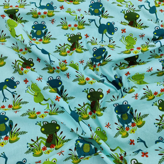 FS741_1 Frogs Blue | Fabric | Animal, Children, Colourful, Cotton, drape, Fabric, fashion fabric, Green, Kids, Limited, making, Multicolour, Sale, sewing, Skirt, White | Fabric Styles