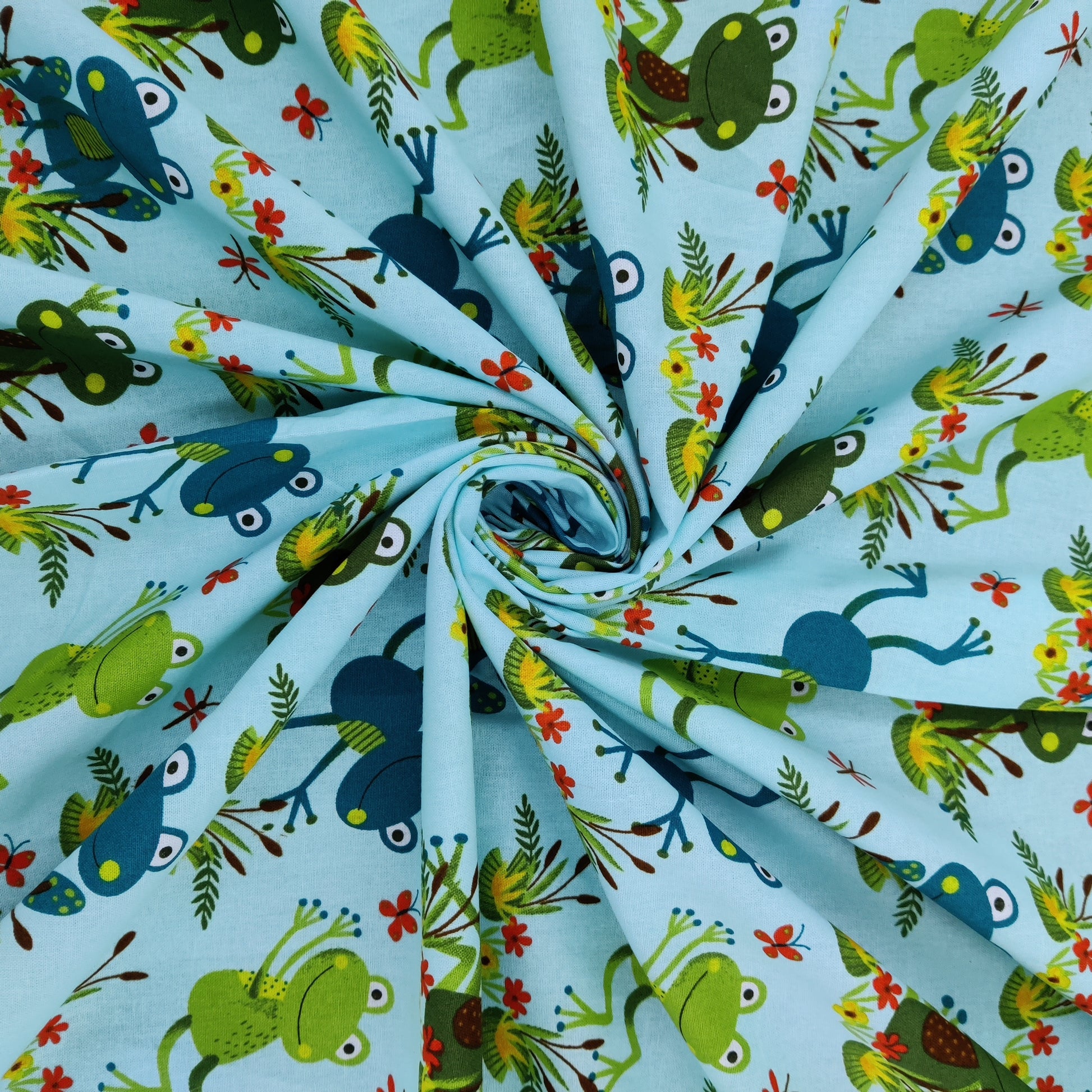 FS741_1 Frogs Blue | Fabric | Animal, Children, Colourful, Cotton, drape, Fabric, fashion fabric, Green, Kids, Limited, making, Multicolour, Sale, sewing, Skirt, White | Fabric Styles