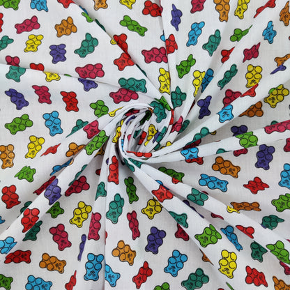 FS735 Colourful bears | Fabric | Animal, BEAR, Bears, Children, Colourful, drape, Fabric, fashion fabric, Gingerbread, Gingerbread man, Green, Kids, making, Multicolour, Poly, Poly Cotton, sale, sewing, Skirt, White | Fabric Styles