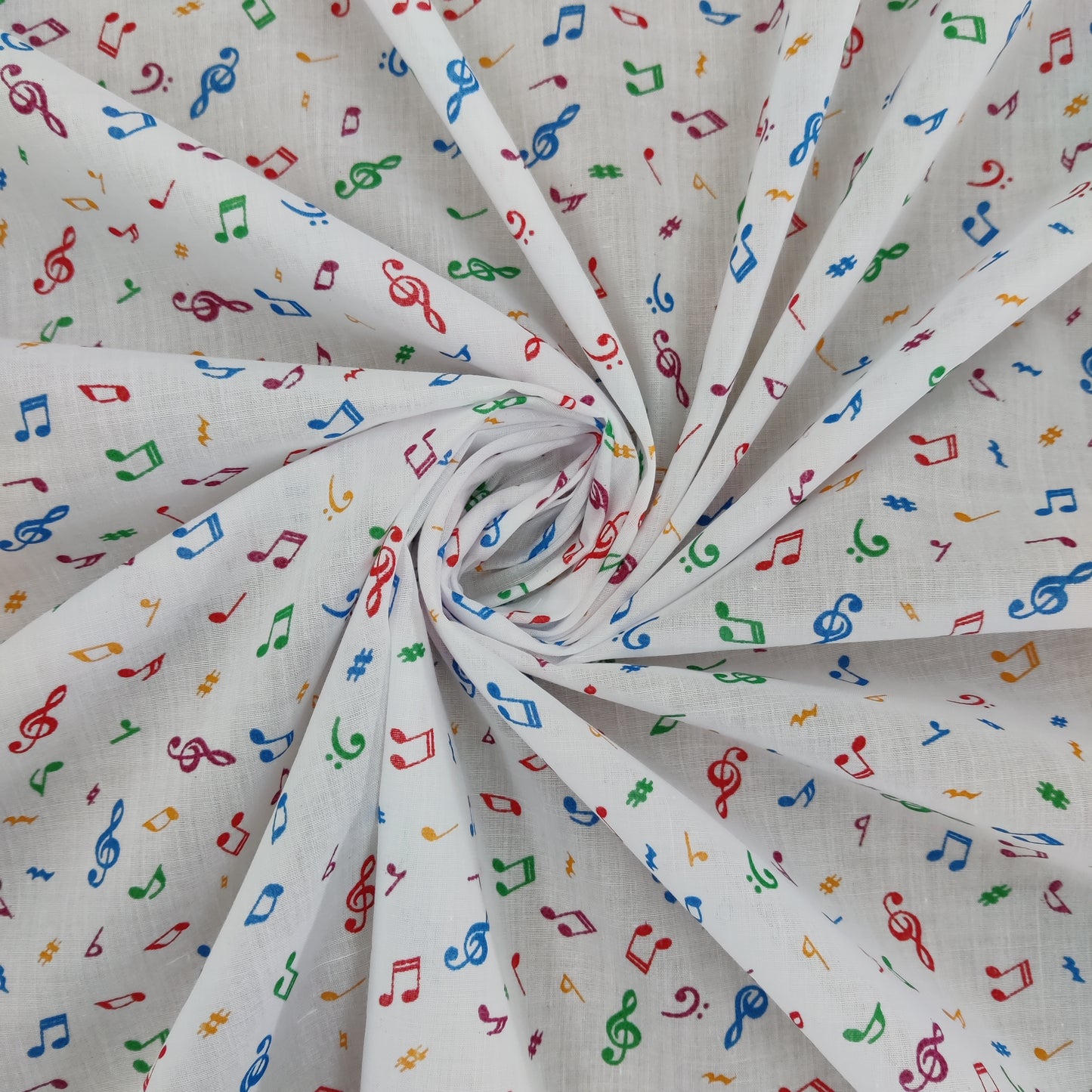 FS738 Beam Notes | Fabric | Children, Cloud, Clouds, Colourful, drape, Fabric, fashion fabric, Green, Kids, making, Multicolour, Musical, Notes, Poly, Poly Cotton, sale, sewing, Signs, Skirt, Treble Clef, White | Fabric Styles