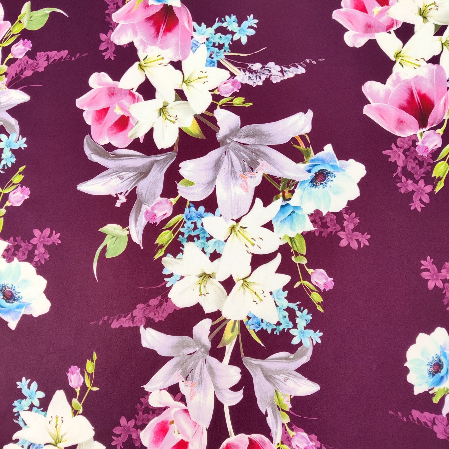 FS577 Tulie Floral | Fabric | drape, elastane, Fabric, fashion fabric, Floral, Flower, Flowers, jersey, making, Pink, Polyester, purple, Scuba, sewing, Stretchy, Watercolor, Watercolour | Fabric Styles