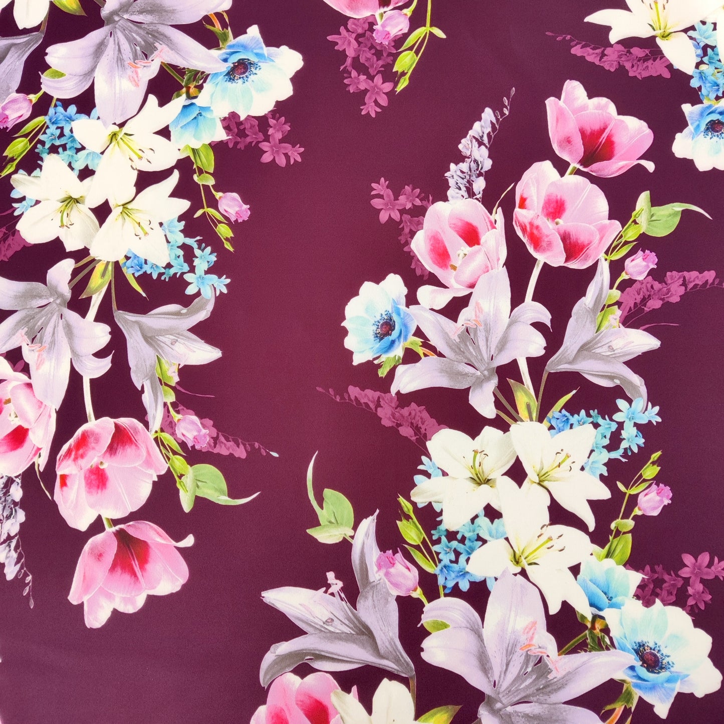 FS577 Tulie Floral | Fabric | drape, elastane, Fabric, fashion fabric, Floral, Flower, Flowers, jersey, making, Pink, Polyester, purple, Scuba, sewing, Stretchy, Watercolor, Watercolour | Fabric Styles