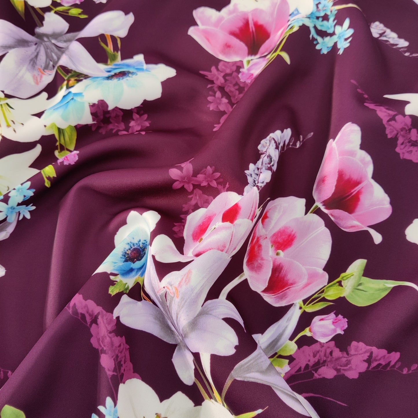 FS577_3 Tulie Floral | Fabric | drape, elastane, Fabric, fashion fabric, Floral, Flower, Flowers, jersey, making, Pink, Polyester, purple, Scuba, sewing, Stretchy, Watercolor, Watercolour, Wine | Fabric Styles