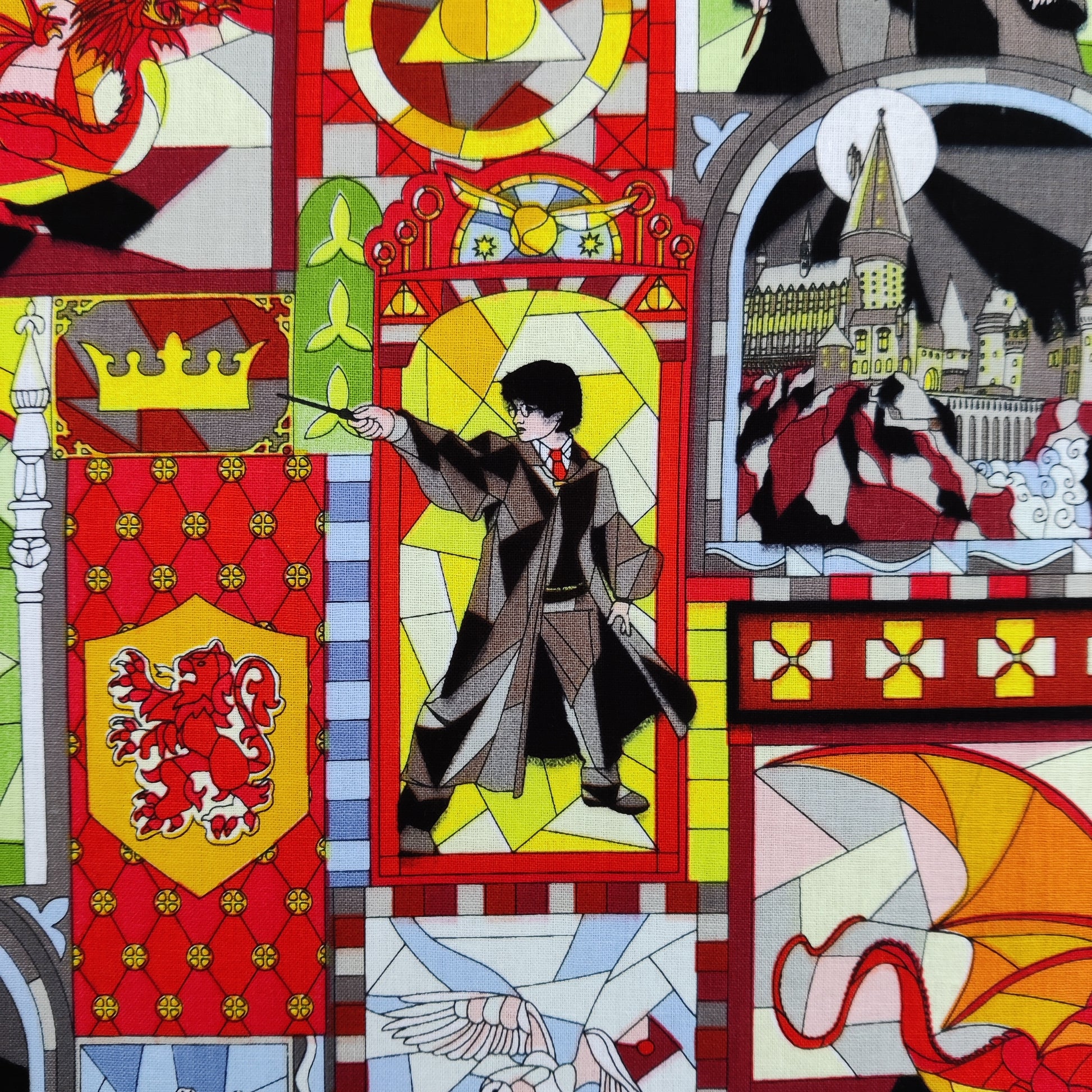 FS635_10 Harry Potter Stained Glass | Fabric | Children, Cotton, Dragon, Fabric, FS635, Harry Potter, Hogwarts | Fabric Styles