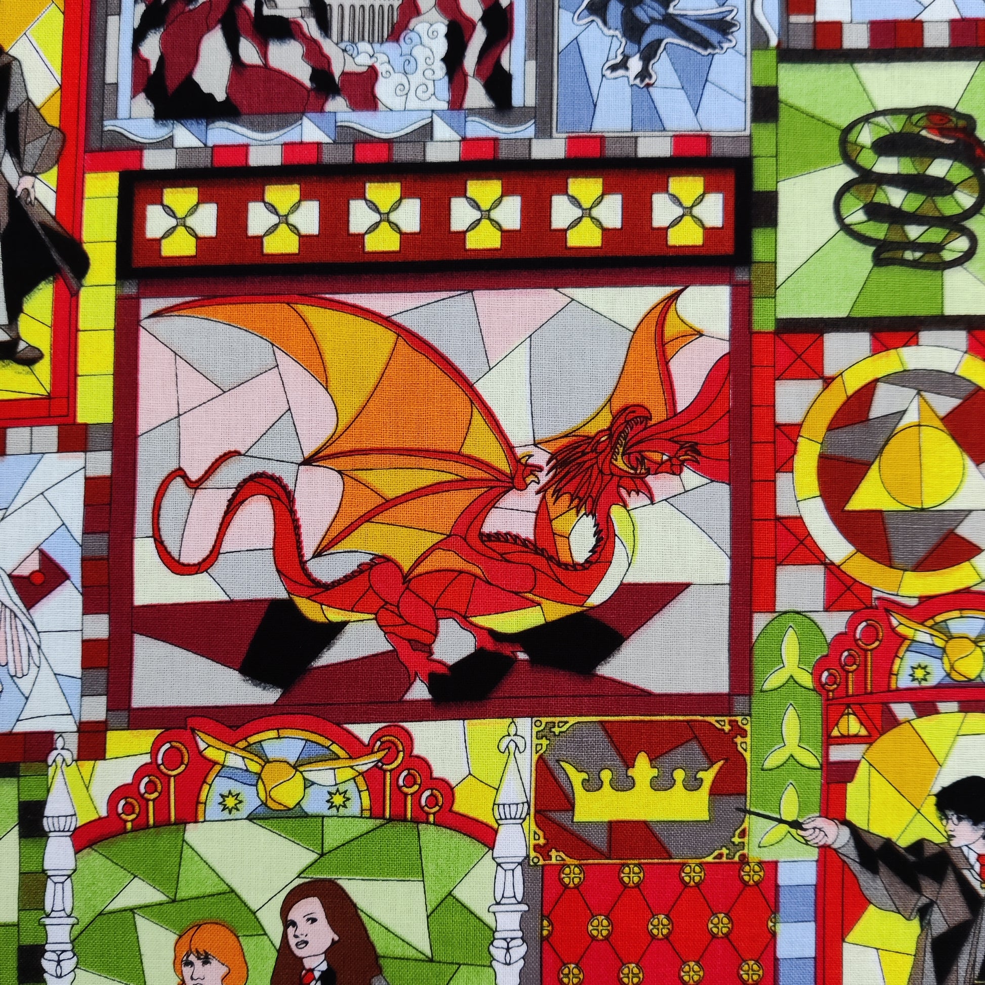 FS635_10 Harry Potter Stained Glass | Fabric | Children, Cotton, Dragon, Fabric, FS635, Harry Potter, Hogwarts | Fabric Styles