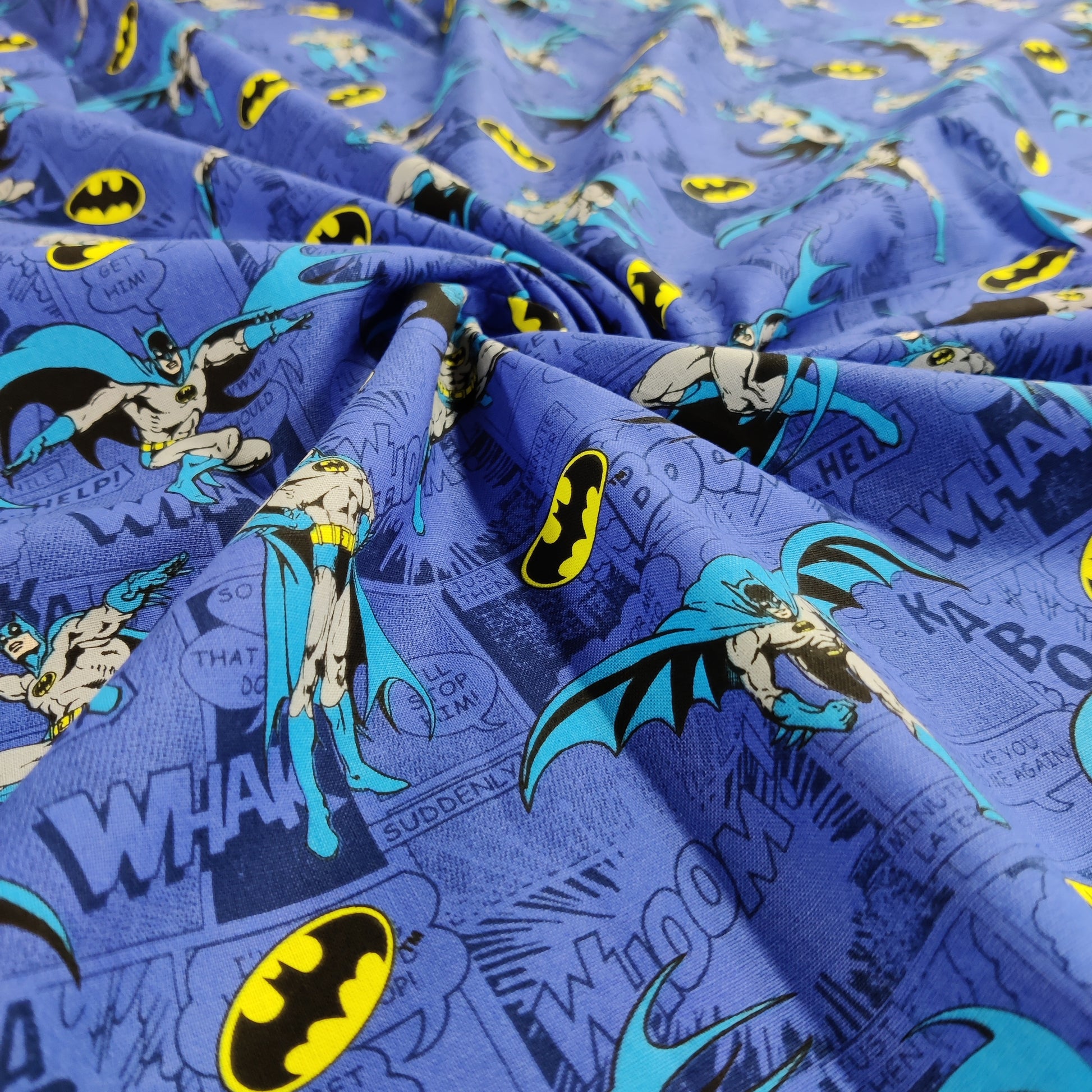 FS636_4 Batman Comics Blue Cotton | Fabric | Batman, Blue, Brand, Branded, Children, comic, comics, Cotton, Cotton SALE, dc, drape, Fabric, fashion fabric, hero, Kids, Light blue, logo, making, superhero | Fabric Styles