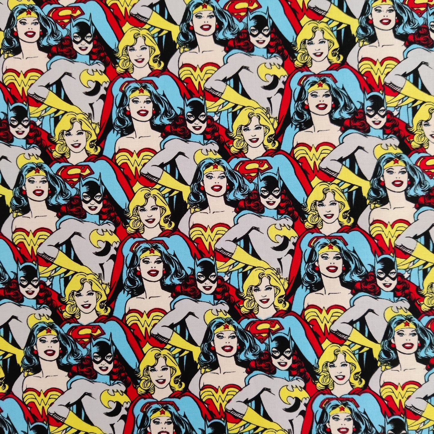 FS783_4 Heroines Stacked DC | Fabric | batman, Blue, Brand, Branded, Children, comic, comics, Cotton, Cotton SALE, dc, drape, Fabric, fashion fabric, flash, hero, Kids, Light blue, logo, making, man, Navy, super, superhero, Superman | Fabric Styles