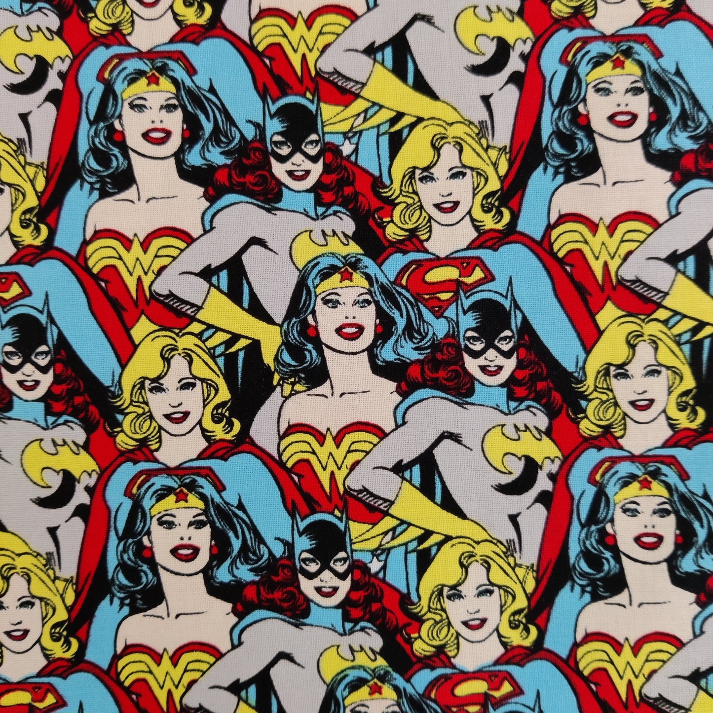 FS783_4 Heroines Stacked DC | Fabric | batman, Blue, Brand, Branded, Children, comic, comics, Cotton, Cotton SALE, dc, drape, Fabric, fashion fabric, flash, hero, Kids, Light blue, logo, making, man, Navy, super, superhero, Superman | Fabric Styles