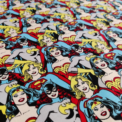 FS783_4 Heroines Stacked DC | Fabric | batman, Blue, Brand, Branded, Children, comic, comics, Cotton, Cotton SALE, dc, drape, Fabric, fashion fabric, flash, hero, Kids, Light blue, logo, making, man, Navy, super, superhero, Superman | Fabric Styles