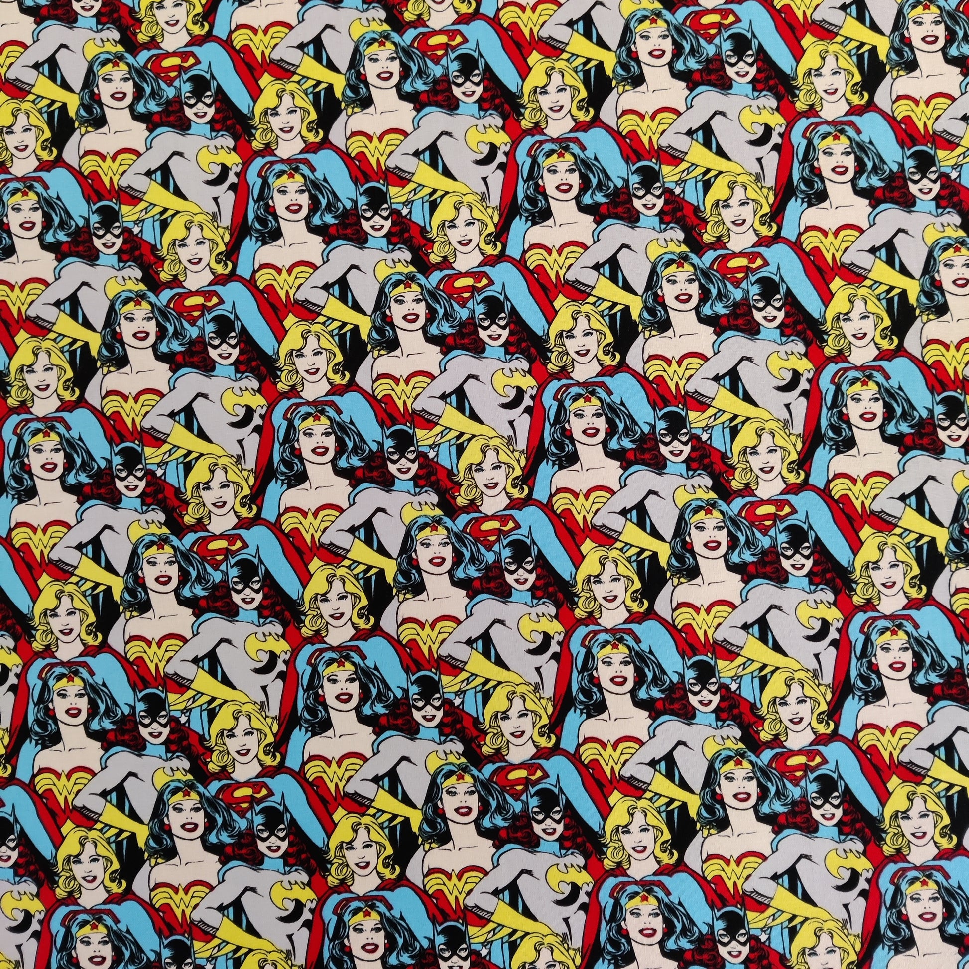 FS783_4 Heroines Stacked DC | Fabric | batman, Blue, Brand, Branded, Children, comic, comics, Cotton, Cotton SALE, dc, drape, Fabric, fashion fabric, flash, hero, Kids, Light blue, logo, making, man, Navy, super, superhero, Superman | Fabric Styles