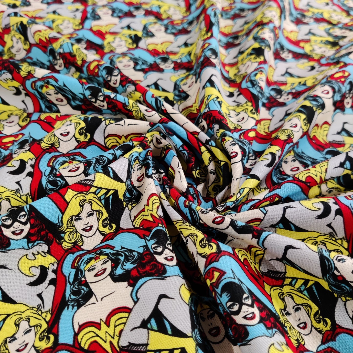 FS783_4 Heroines Stacked DC | Fabric | batman, Blue, Brand, Branded, Children, comic, comics, Cotton, Cotton SALE, dc, drape, Fabric, fashion fabric, flash, hero, Kids, Light blue, logo, making, man, Navy, super, superhero, Superman | Fabric Styles