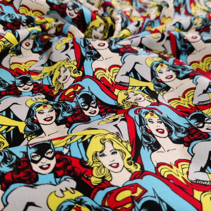 FS783_4 Heroines Stacked DC | Fabric | batman, Blue, Brand, Branded, Children, comic, comics, Cotton, Cotton SALE, dc, drape, Fabric, fashion fabric, flash, hero, Kids, Light blue, logo, making, man, Navy, super, superhero, Superman | Fabric Styles