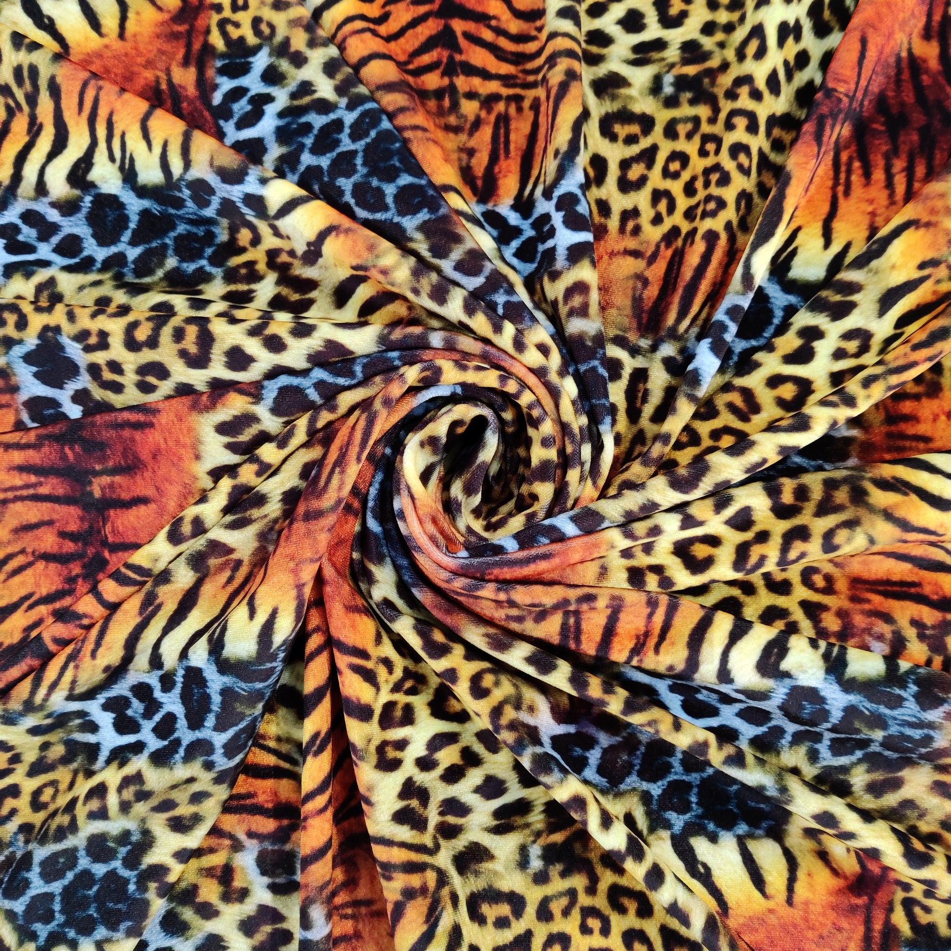 FS844 Animal Tiger Leopard Patch Velvet Stretch Knit Fabric Orange | Fabric | Animal, fabric, Gold, Leopard, Material, Orange, Tiger, Velour, Velvet, Zebra | Fabric Styles