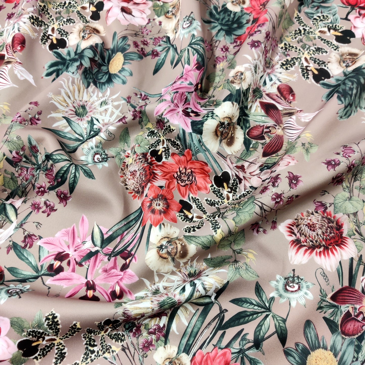 FS833 Mocca Floral | Fabric | fabric, Flower, jersey, Mink, Mocca, scuba, stretch, Taupe | Fabric Styles