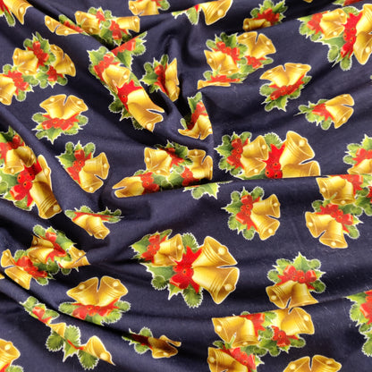 FS694 Christmas Bells Spun Polyester Jersey Knit Stretch Fabric Navy | Fabric | bauble, Baubles, Black, Candy Cane, Candy Stick, Christmas, christmas tree, Fabric, Gingerbread, Gold, Navy, sale, Santa, Spun Polyester, Spun Polyester Elastane, Star, xmas | Fabric Styles