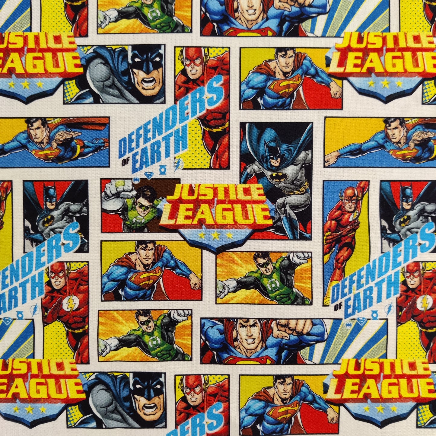 FS895_1 Justice League Defenders of Earth Cotton | Fabric | Baby, Batman, Brand, Branded, Children, comic, comics, Cotton, Defenders, Fabric, fashion fabric, Hero, Kids, Light blue, logo, Super Hero, superhero, Superman | Fabric Styles