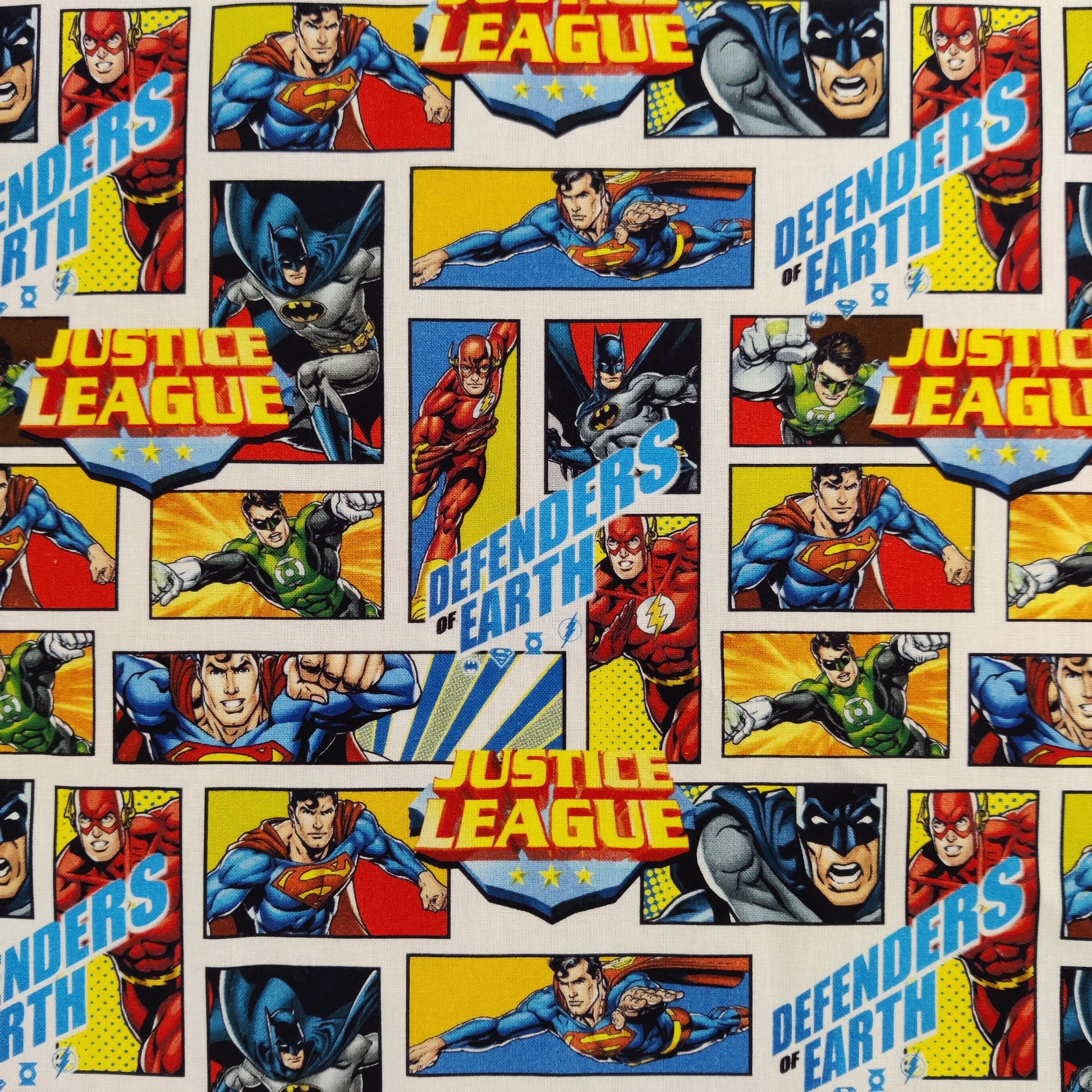 FS895_1 Justice League Defenders of Earth Cotton | Fabric | Baby, Batman, Brand, Branded, Children, comic, comics, Cotton, Defenders, Fabric, fashion fabric, Hero, Kids, Light blue, logo, Super Hero, superhero, Superman | Fabric Styles