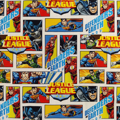 FS895_1 Justice League Defenders of Earth Cotton | Fabric | Baby, Batman, Brand, Branded, Children, comic, comics, Cotton, Defenders, Fabric, fashion fabric, Hero, Kids, Light blue, logo, Super Hero, superhero, Superman | Fabric Styles