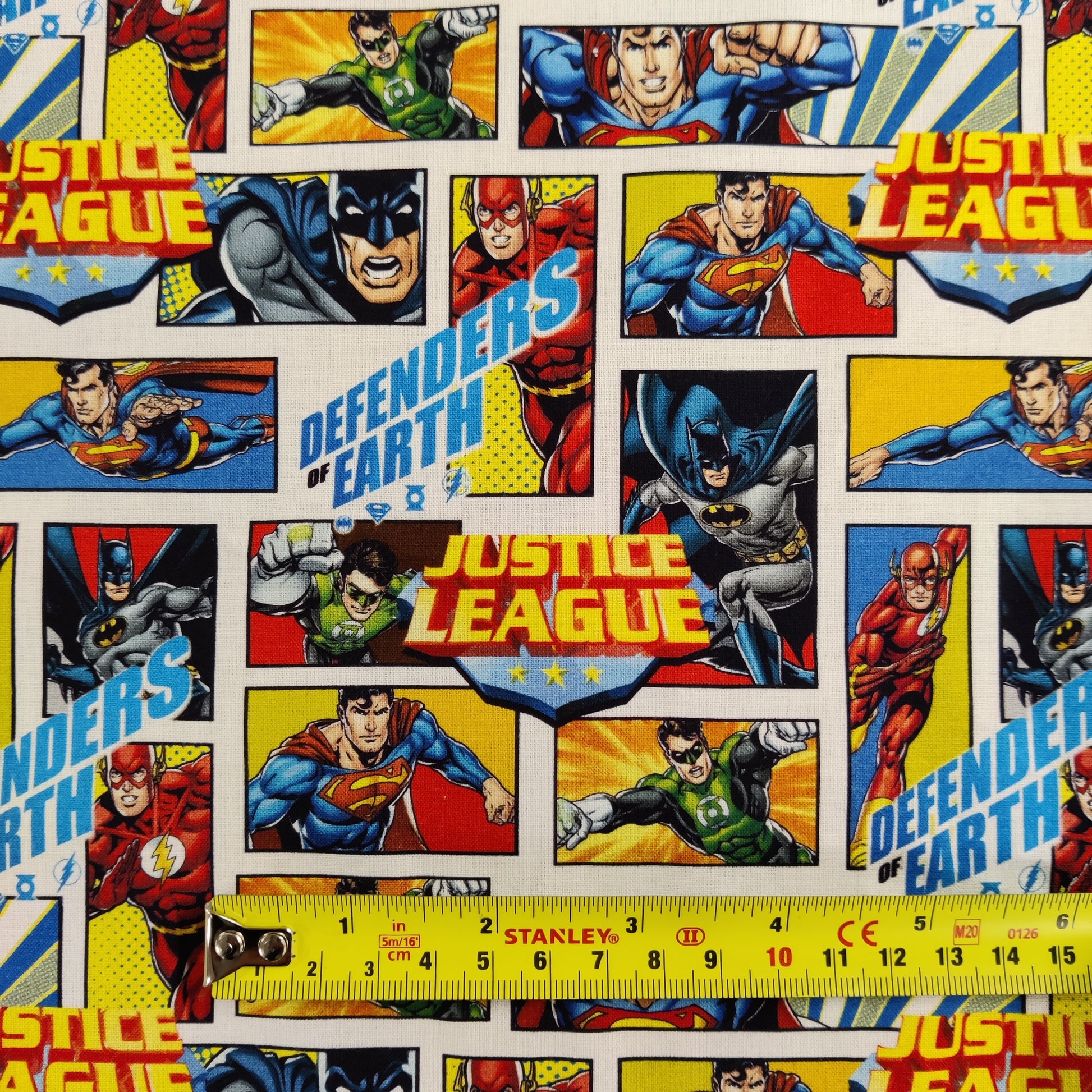 FS895_1 Justice League Defenders of Earth Cotton | Fabric | Baby, Batman, Brand, Branded, Children, comic, comics, Cotton, Defenders, Fabric, fashion fabric, Hero, Kids, Light blue, logo, Super Hero, superhero, Superman | Fabric Styles