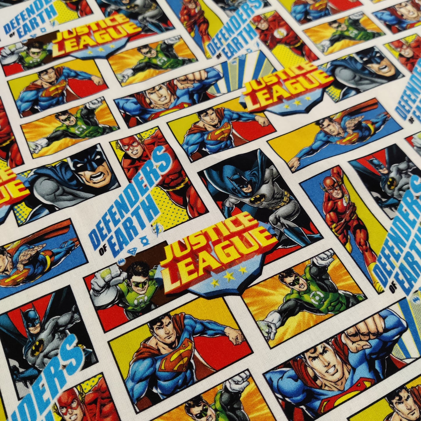 FS895_1 Justice League Defenders of Earth Cotton | Fabric | Baby, Batman, Brand, Branded, Children, comic, comics, Cotton, Defenders, Fabric, fashion fabric, Hero, Kids, Light blue, logo, Super Hero, superhero, Superman | Fabric Styles