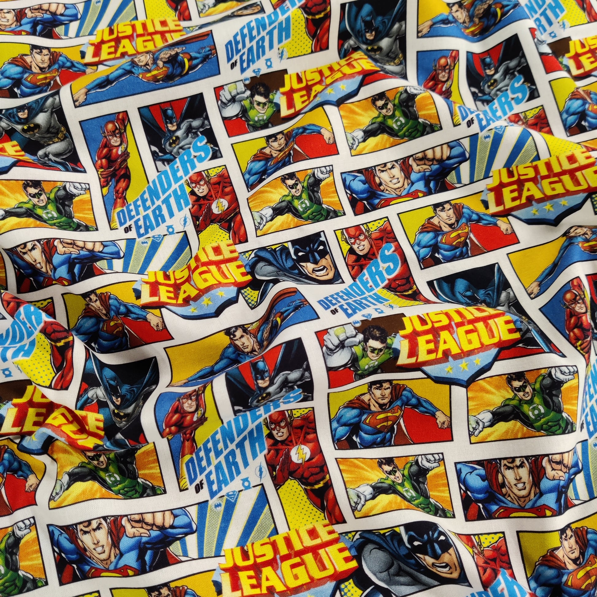 FS895_1 Justice League Defenders of Earth Cotton | Fabric | Baby, Batman, Brand, Branded, Children, comic, comics, Cotton, Defenders, Fabric, fashion fabric, Hero, Kids, Light blue, logo, Super Hero, superhero, Superman | Fabric Styles