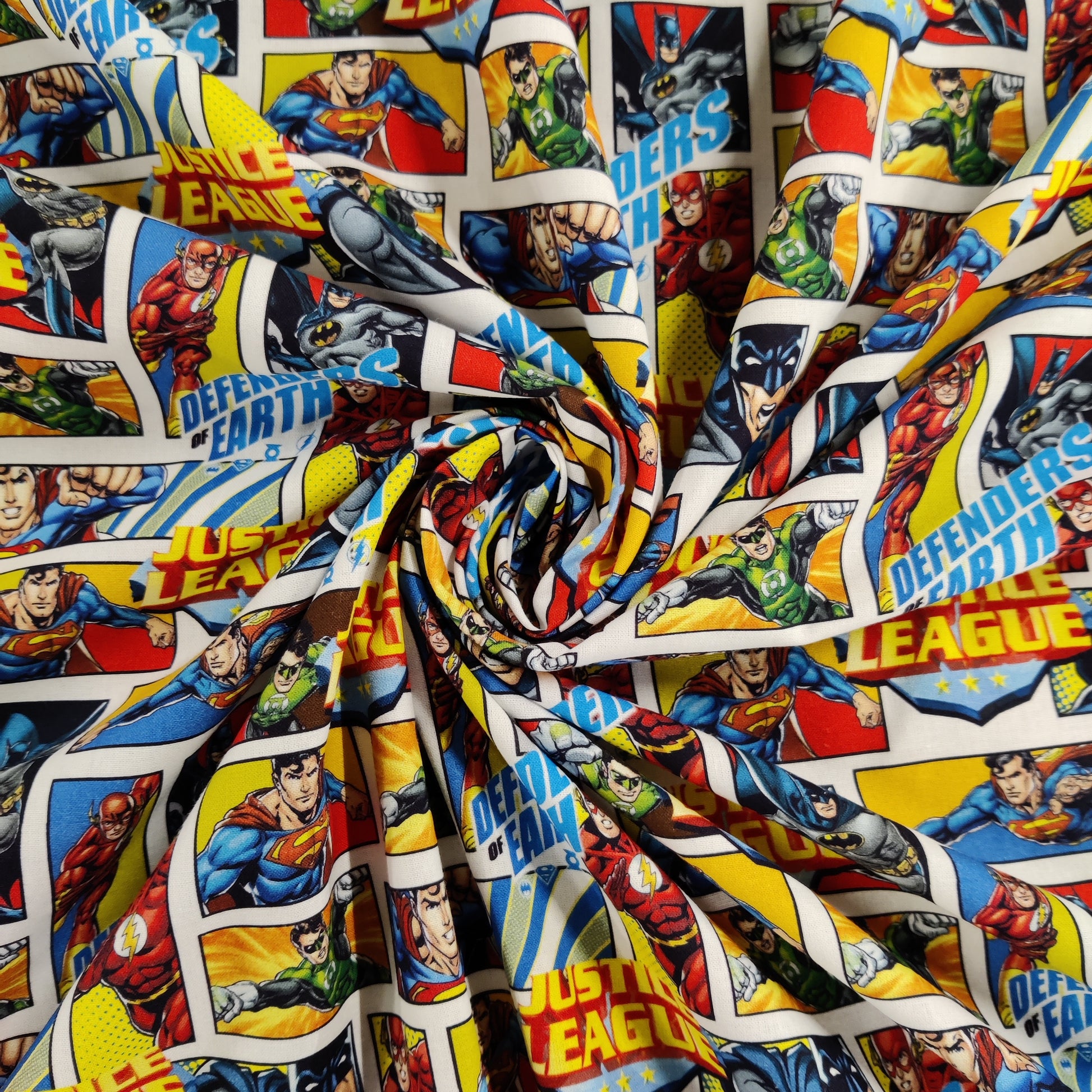 FS895_1 Justice League Defenders of Earth Cotton | Fabric | Baby, Batman, Brand, Branded, Children, comic, comics, Cotton, Defenders, Fabric, fashion fabric, Hero, Kids, Light blue, logo, Super Hero, superhero, Superman | Fabric Styles