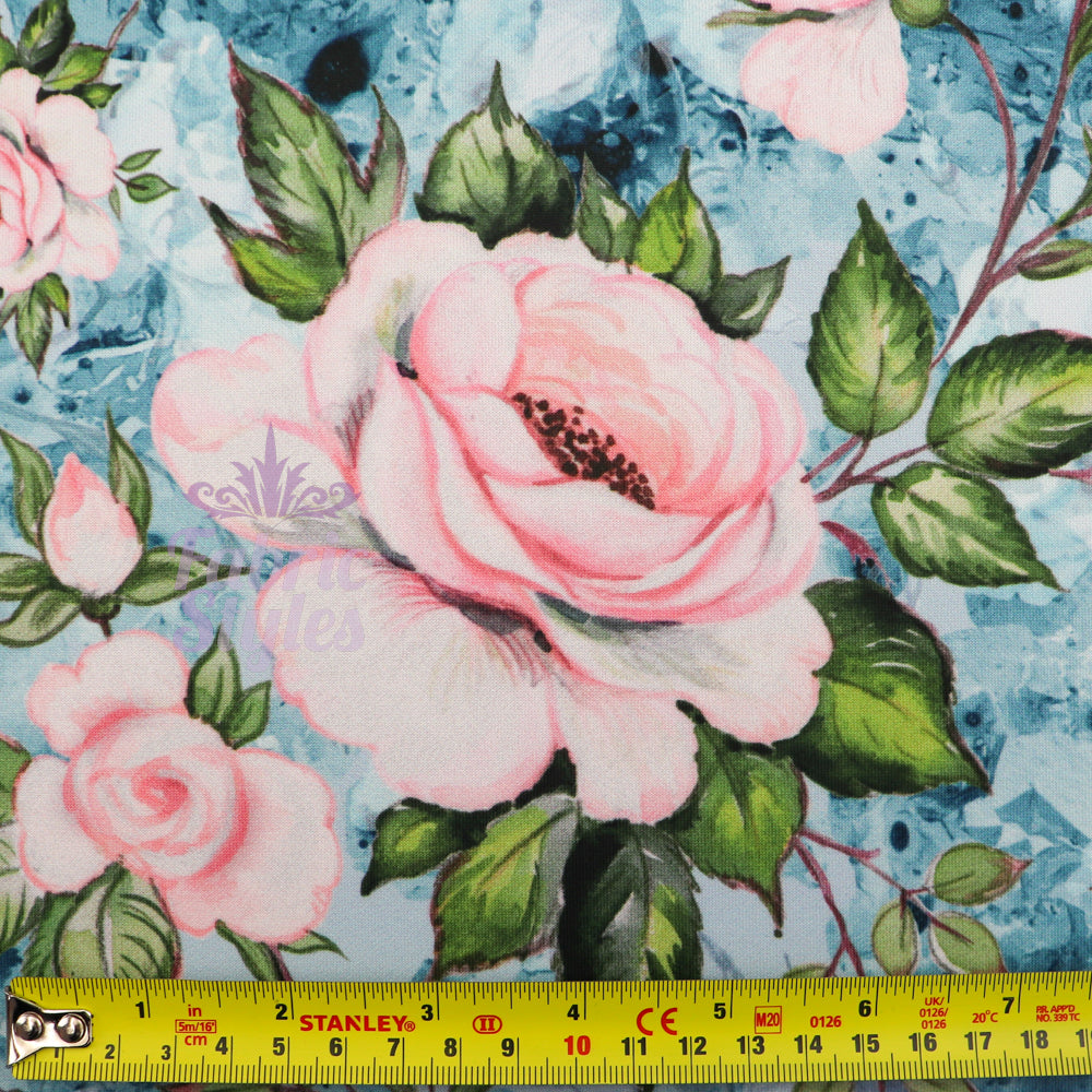 FS1001 Rose Palace Scuba Stretch Knit Fabric Blue | Fabric | blue, fabric, floral, pink rose, scuba, watercolour | Fabric Styles