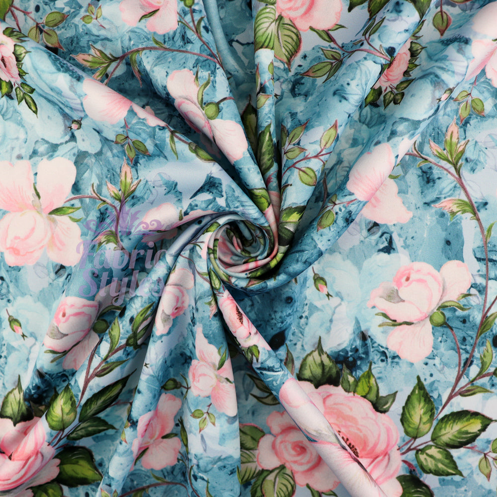 FS1001 Rose Palace Scuba Stretch Knit Fabric Blue | Fabric | blue, fabric, floral, pink rose, scuba, watercolour | Fabric Styles