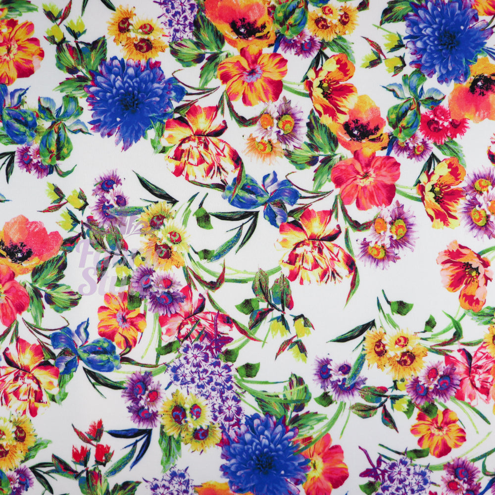 FS899 White Floral | Fabric | Fabric, fashion fabric, Floral, jersey, Purple, Sale, scuba, sewing, stretch, White | Fabric Styles