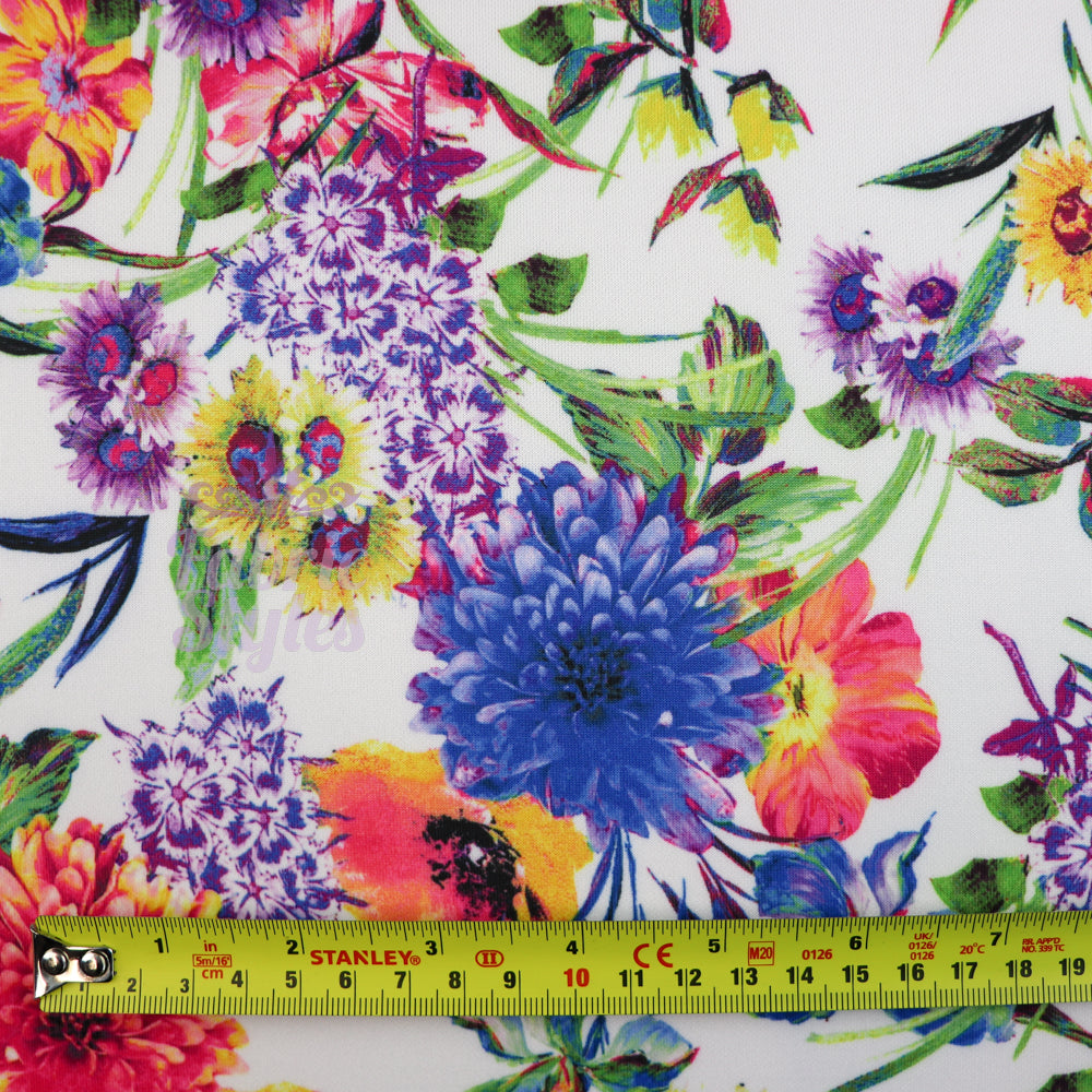 FS899 White Floral | Fabric | Fabric, fashion fabric, Floral, jersey, Purple, Sale, scuba, sewing, stretch, White | Fabric Styles