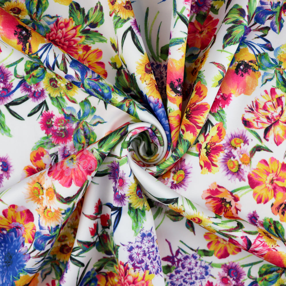 FS899 White Floral | Fabric | Fabric, fashion fabric, Floral, jersey, Purple, Sale, scuba, sewing, stretch, White | Fabric Styles