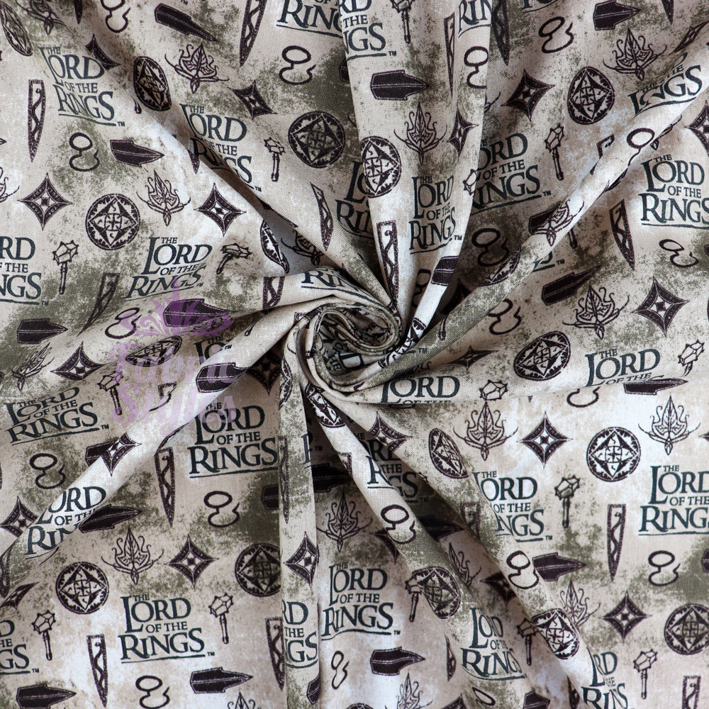 FS982_3 Lord The Of The Rings Icons in Taupe - Cotton | Fabric | Book, Brand, Branded, Characters, Children, comics, Cotton, Fabric, fashion fabric, Logo, Lord, Lord of the Rings, making, Movie, Ring, Rings | Fabric Styles