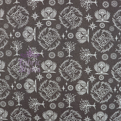 FS982_2 Lord The Of The Rings Logo in Taupe - Cotton | Fabric | Book, Brand, Branded, Characters, Children, comics, Cotton, Fabric, fashion fabric, Logo, Lord, Lord of the Rings, making, Movie, Ring, Rings | Fabric Styles