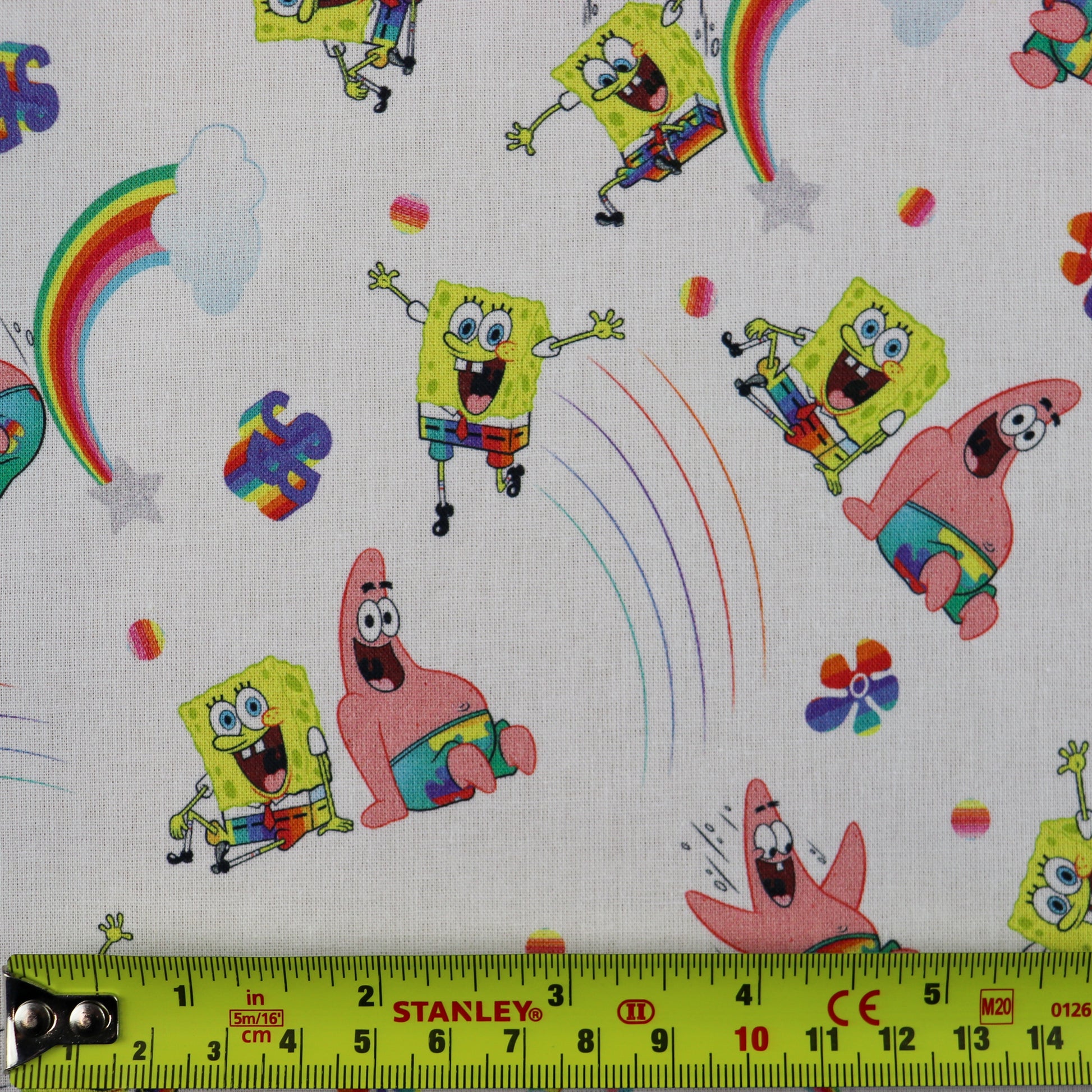 FS889_2 Sponge Bob Rainbow Cotton | Fabric | Bob, Brand, Branded, Cartoon, Cartoon Network, Children, comic, comics, Cotton, Fabric, fashion fabric, hero, Kids, Light blue, logo, making, nickelodeon, Pants, Pop, Rainbow, Sponge, Sponge Bob, Square | Fabric Styles