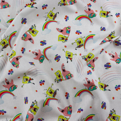 FS889_2 Sponge Bob Rainbow Cotton | Fabric | Bob, Brand, Branded, Cartoon, Cartoon Network, Children, comic, comics, Cotton, Fabric, fashion fabric, hero, Kids, Light blue, logo, making, nickelodeon, Pants, Pop, Rainbow, Sponge, Sponge Bob, Square | Fabric Styles