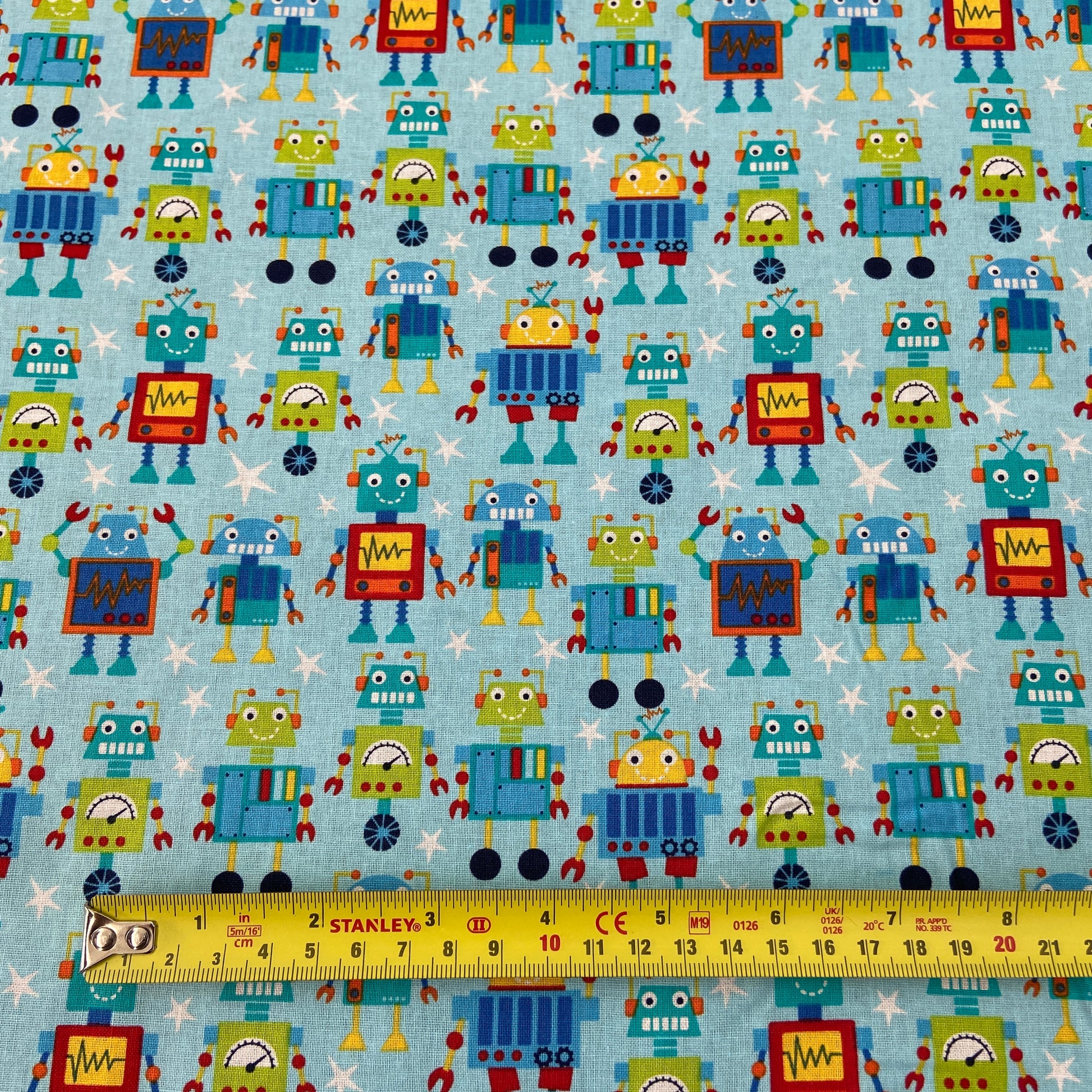 FS679_1 Robot Dreams Cotton Fabric Blue | Fabric | blue, celebration, children's, Cotton, Denim, drape, Dream, Fabric, fashion fabric, grey, kid, kids, Light blue, making, Robot, Robot Dream, Robot Dreams, rugby, sewing, Skirt, sports, Sports day | Fabric Styles