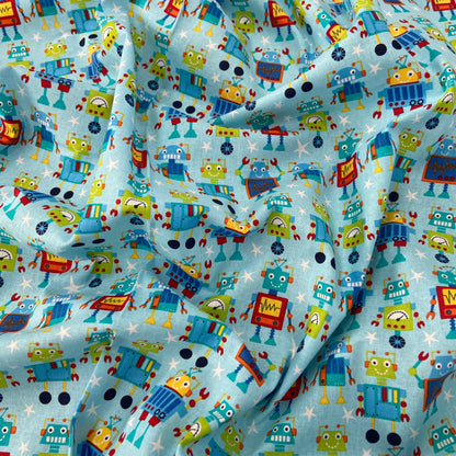 FS679_1 Robot Dreams Cotton Fabric Blue | Fabric | blue, celebration, children's, Cotton, Denim, drape, Dream, Fabric, fashion fabric, grey, kid, kids, Light blue, making, Robot, Robot Dream, Robot Dreams, rugby, sewing, Skirt, sports, Sports day | Fabric Styles