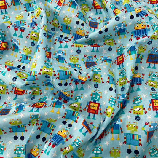 FS679_1 Robot Dreams Cotton Fabric Blue | Fabric | blue, celebration, children's, Cotton, Denim, drape, Dream, Fabric, fashion fabric, grey, kid, kids, Light blue, making, Robot, Robot Dream, Robot Dreams, rugby, sewing, Skirt, sports, Sports day | Fabric Styles