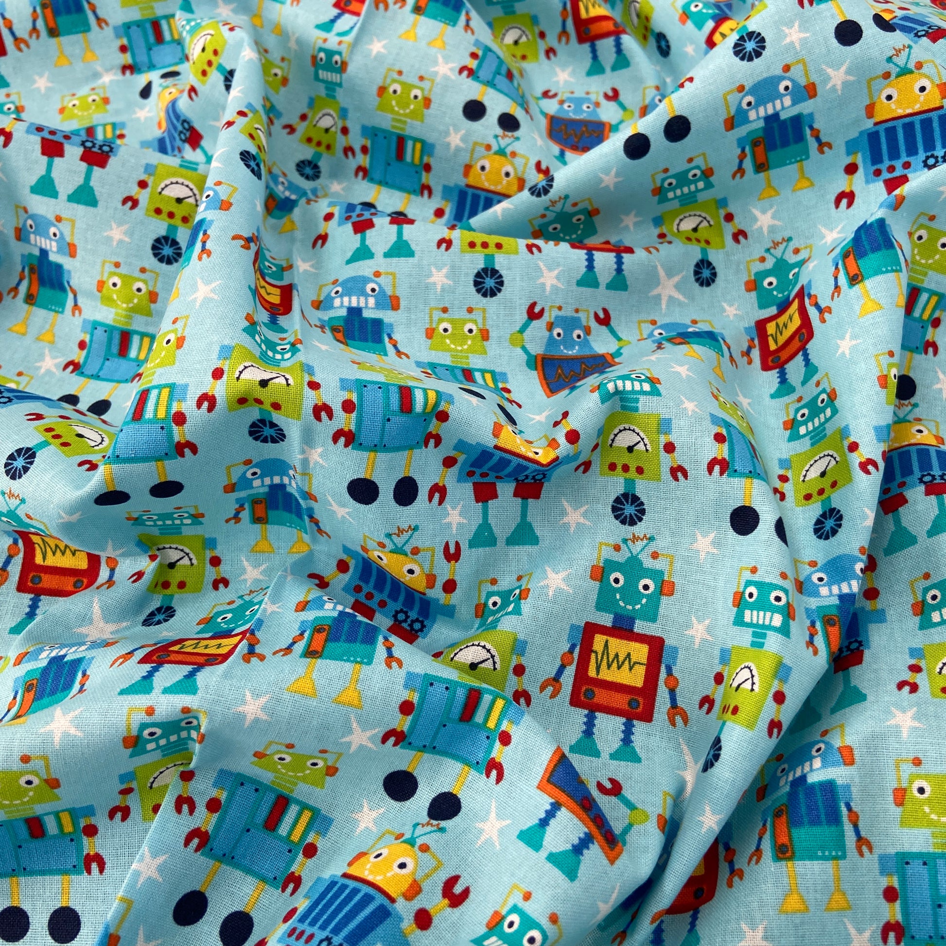 FS679_1 Robot Dreams Cotton Fabric Blue | Fabric | blue, celebration, children's, Cotton, Denim, drape, Dream, Fabric, fashion fabric, grey, kid, kids, Light blue, making, Robot, Robot Dream, Robot Dreams, rugby, sewing, Skirt, sports, Sports day | Fabric Styles