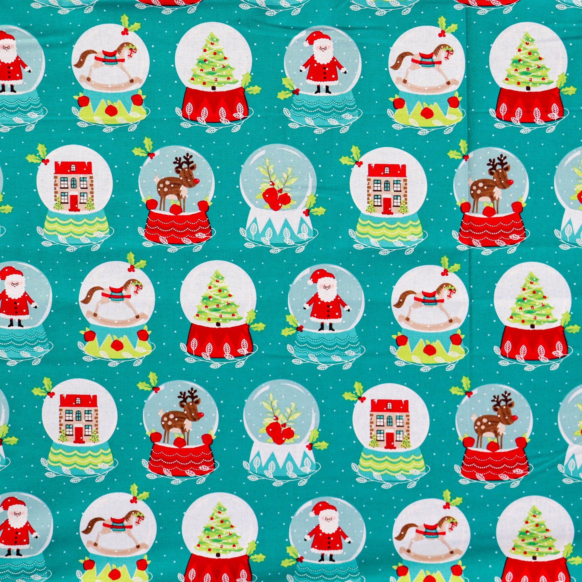 FS1162 Christmas Santa Snowglobes Cotton Fabric Green | Fabric | 100% Cotton, Christmas, Cotton, drape, Fabric, face, fashion fabric, Hat, making, Reindeer, sewing, Sledge, sleigh, Snake, Snow, Snowflake, snowflakes, Snowing, Snowman, Snowmen, Stars, xmas | Fabric Styles